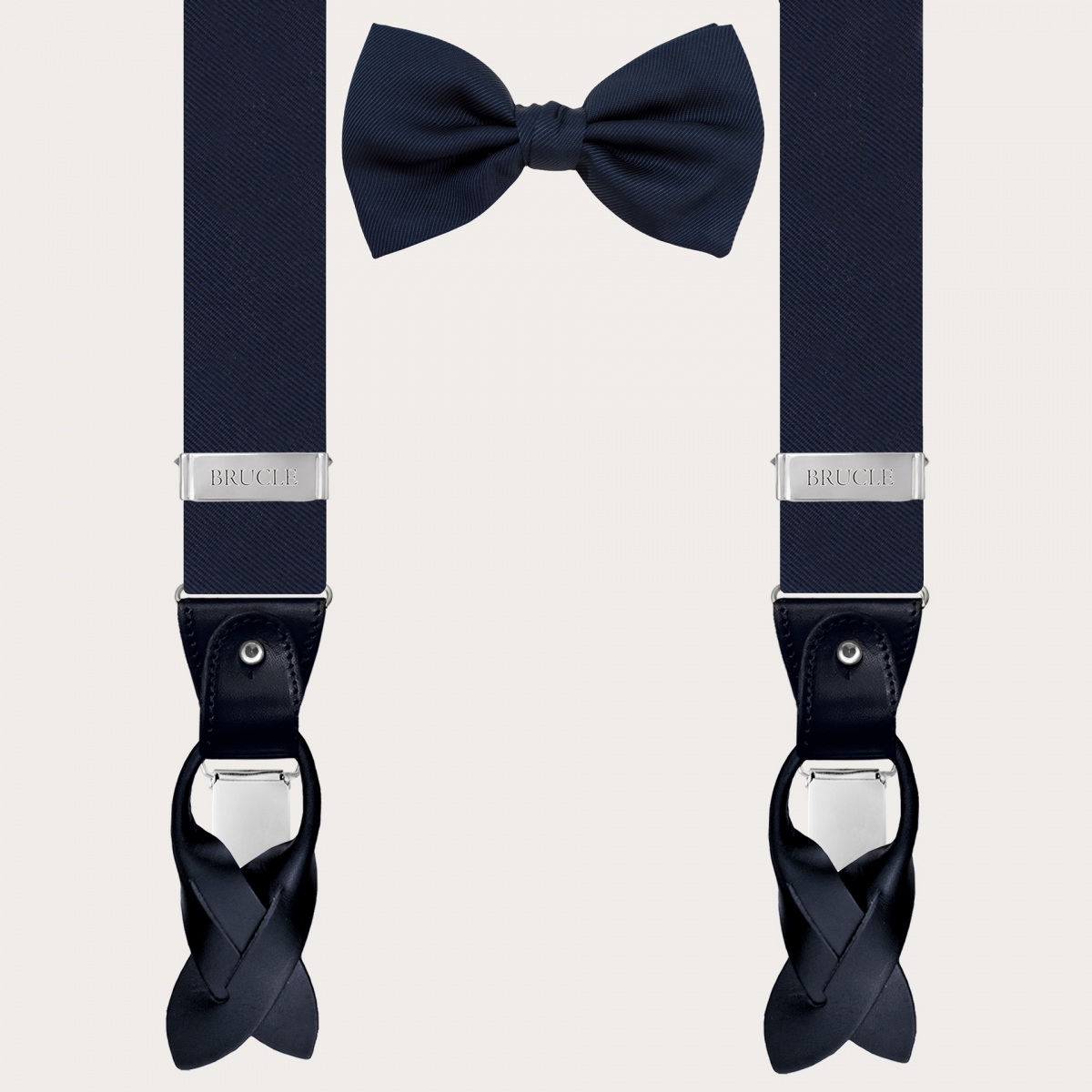 BRUCLE Navy blue jacquard silk suspenders and bow tie set