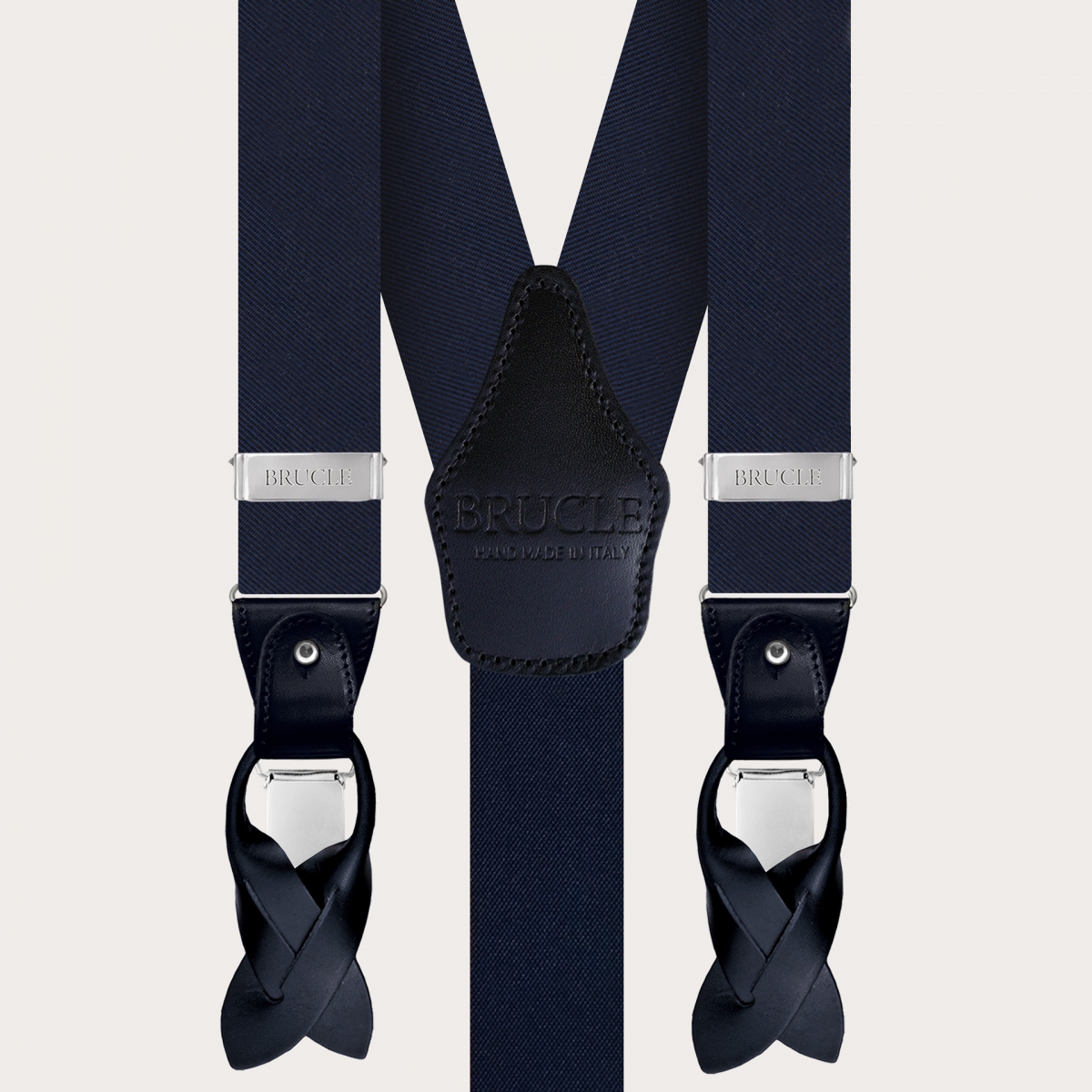 BRUCLE Navy blue jacquard silk suspenders and bow tie set