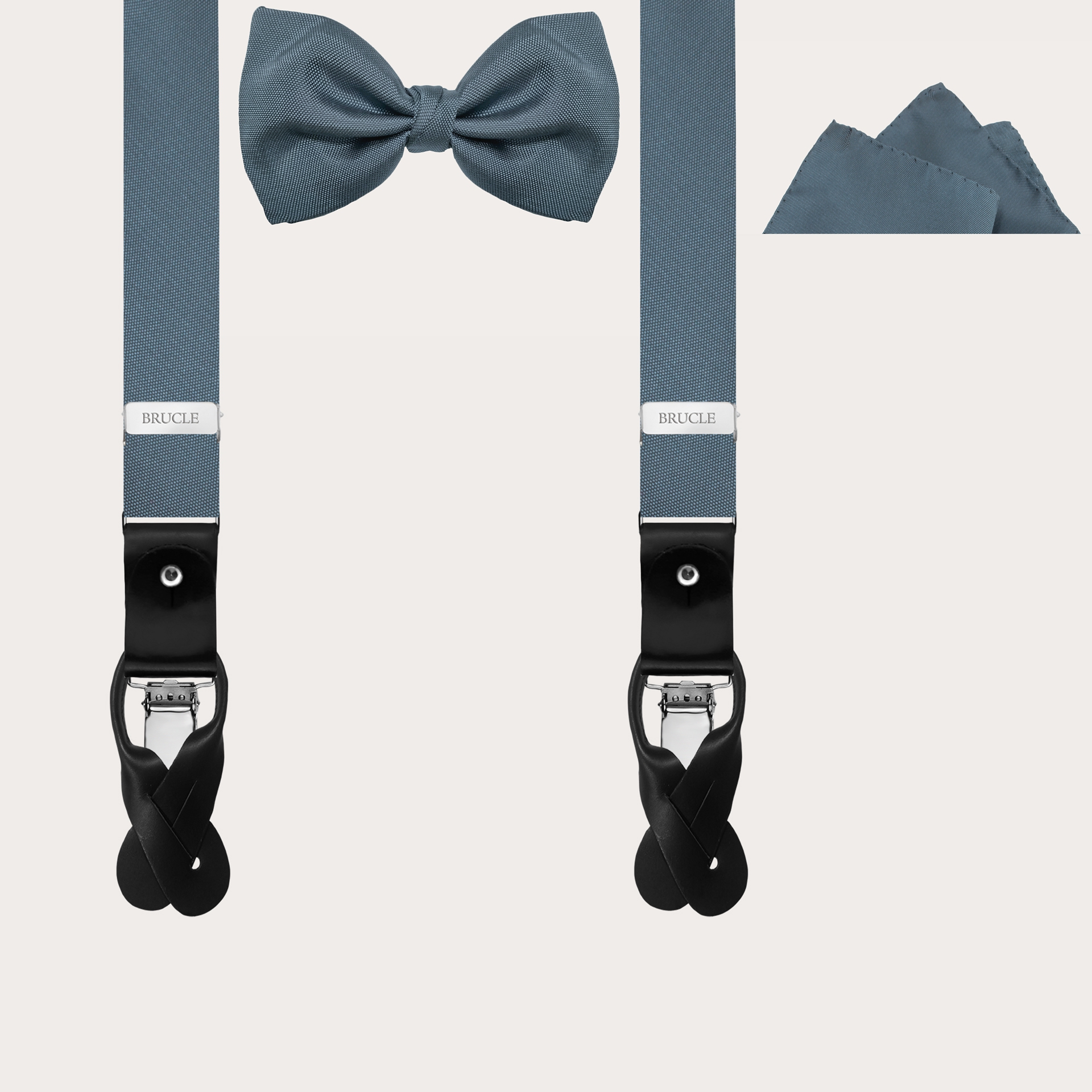 BRUCLE Elegant thin suspenders, bow tie and pochette in dusty blue silk