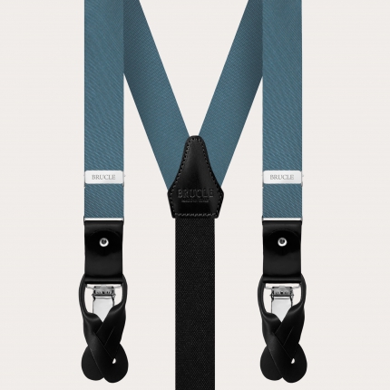 Elegant thin suspenders, bow tie and pochette in dusty blue silk