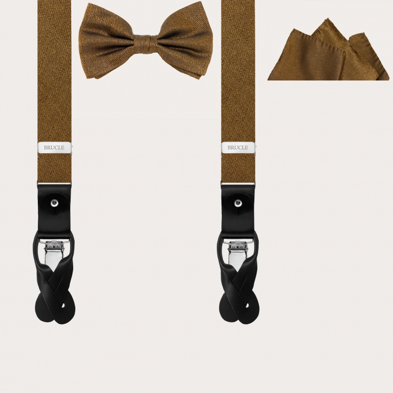 Complete ceremony set in iridescent golden silk, thin suspenders, bow tie and pocket square