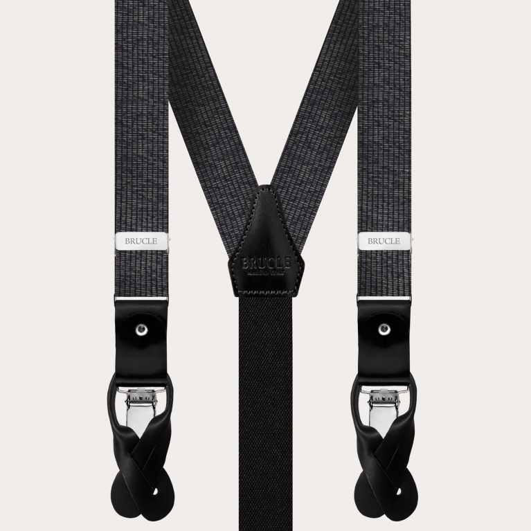 Thin suspenders and bow tie set in bright black and silver melange silk