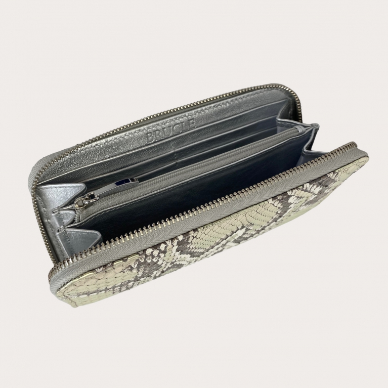 Elegante billetera de mujer en piel de pitón, color platino