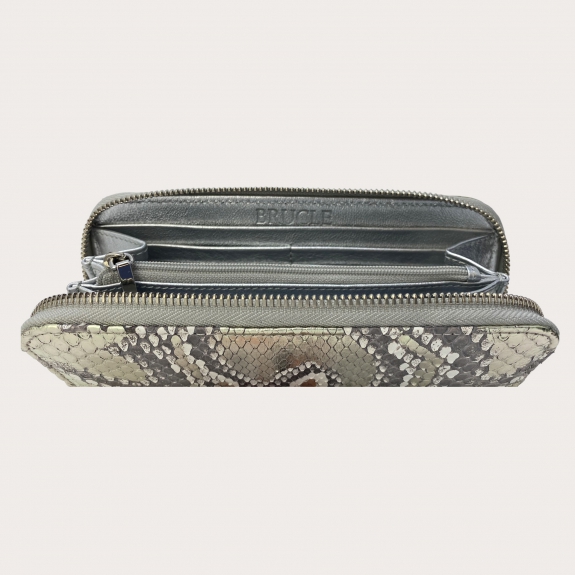 BRUCLE Elégant portefeuille femme en cuir de python, couleur platine