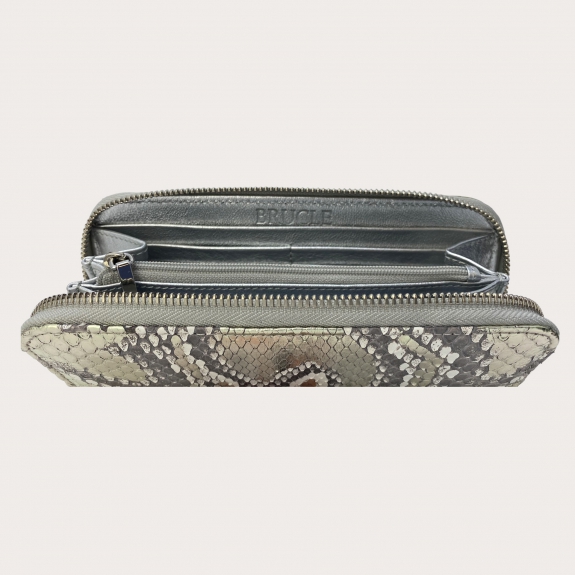BRUCLE Elegante Damenbrieftasche aus Pythonleder, platinfarben