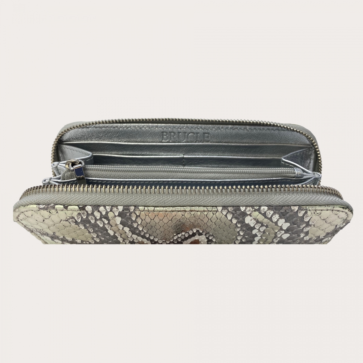 BRUCLE Elegante Damenbrieftasche aus Pythonleder, platinfarben