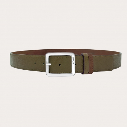 Reversible belt in brown suede and kaky green tumbled leather