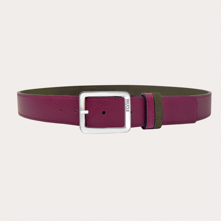 Reversible belt in green suede and dark magenta tumbled leather