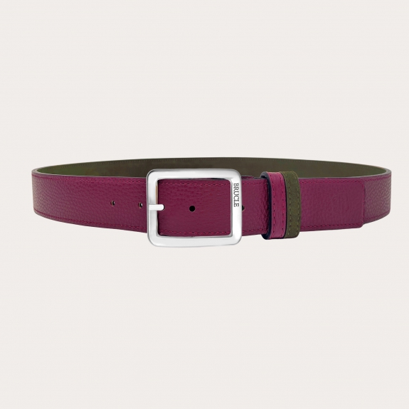 Cinturón reversible en ante verde y piel abatanada magenta oscuro
