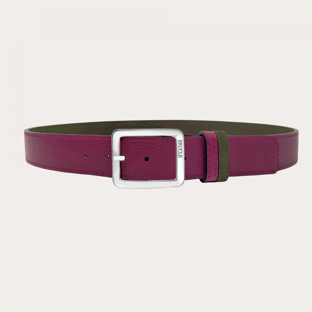 Ceinture réversible en daim vert et cuir martelé magenta foncé, sans nickel