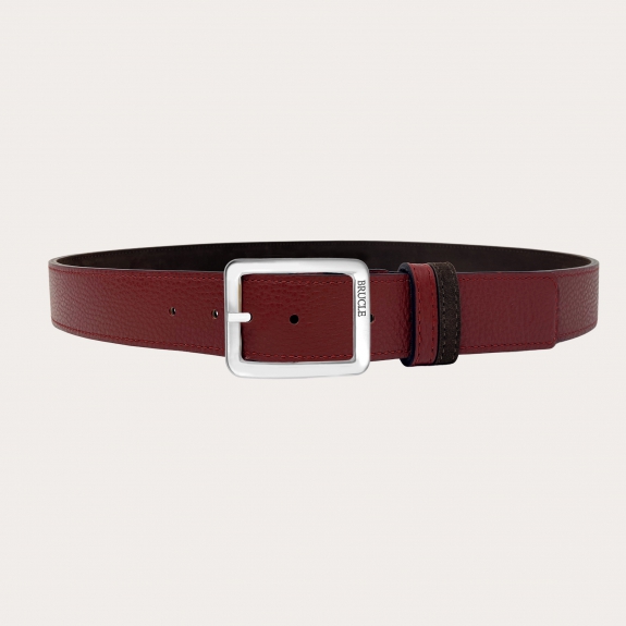 Reversible belt in dark brown suede and burgundy tumbled leather