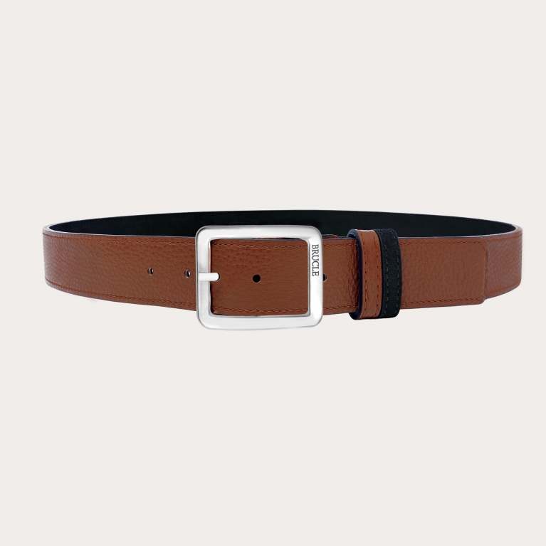 Reversible belt in navy blue suede and brown cognac tumbled leather