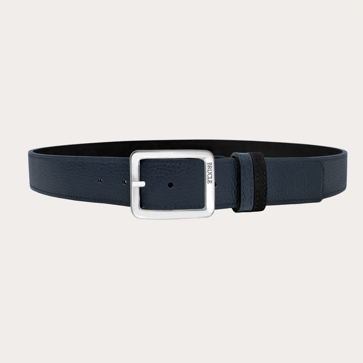 Cinturón reversible en ante negro y piel abatanada azul