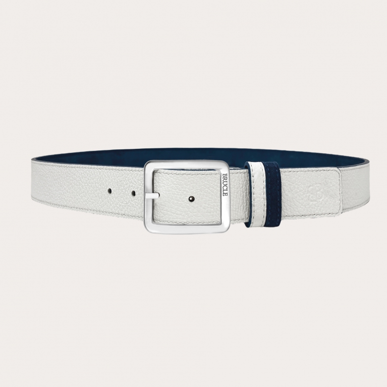 Reversible belt in blue suede and white tumbled leather