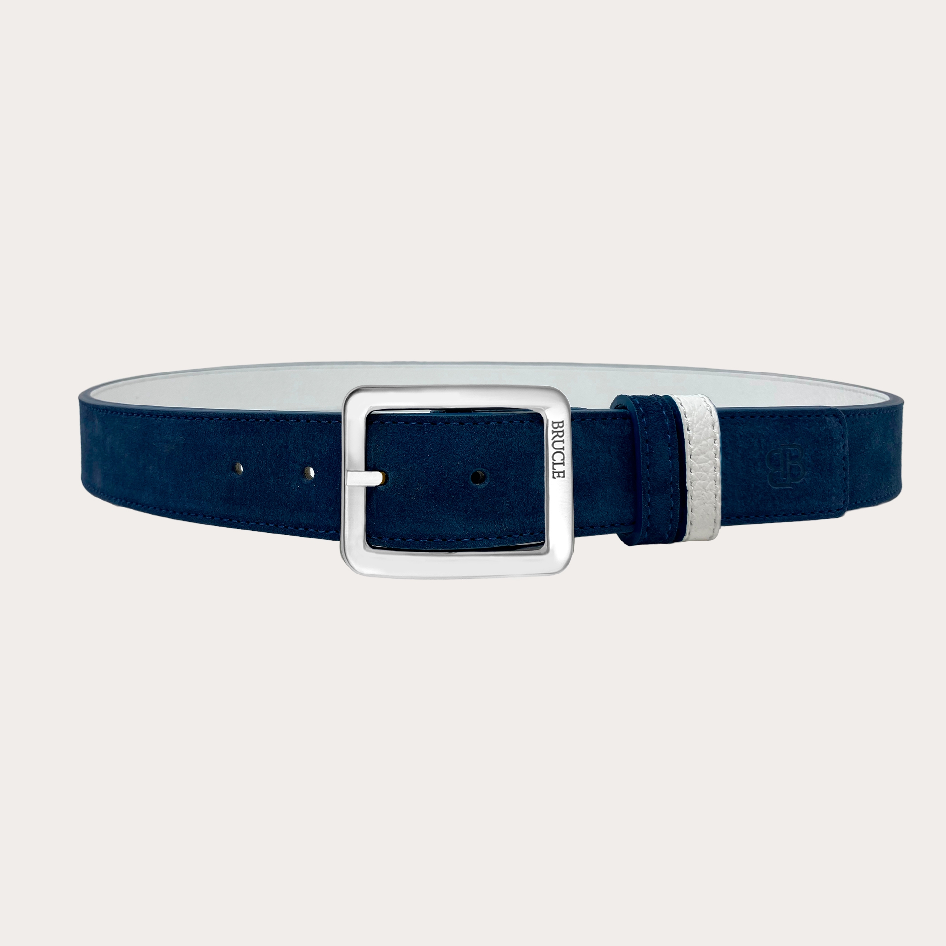 Reversible belt in blue suede and white tumbled leather