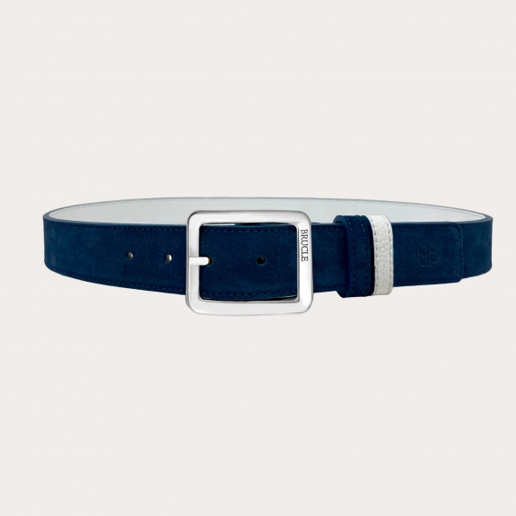 Cinturón reversible en ante azul y piel abatanada blanca