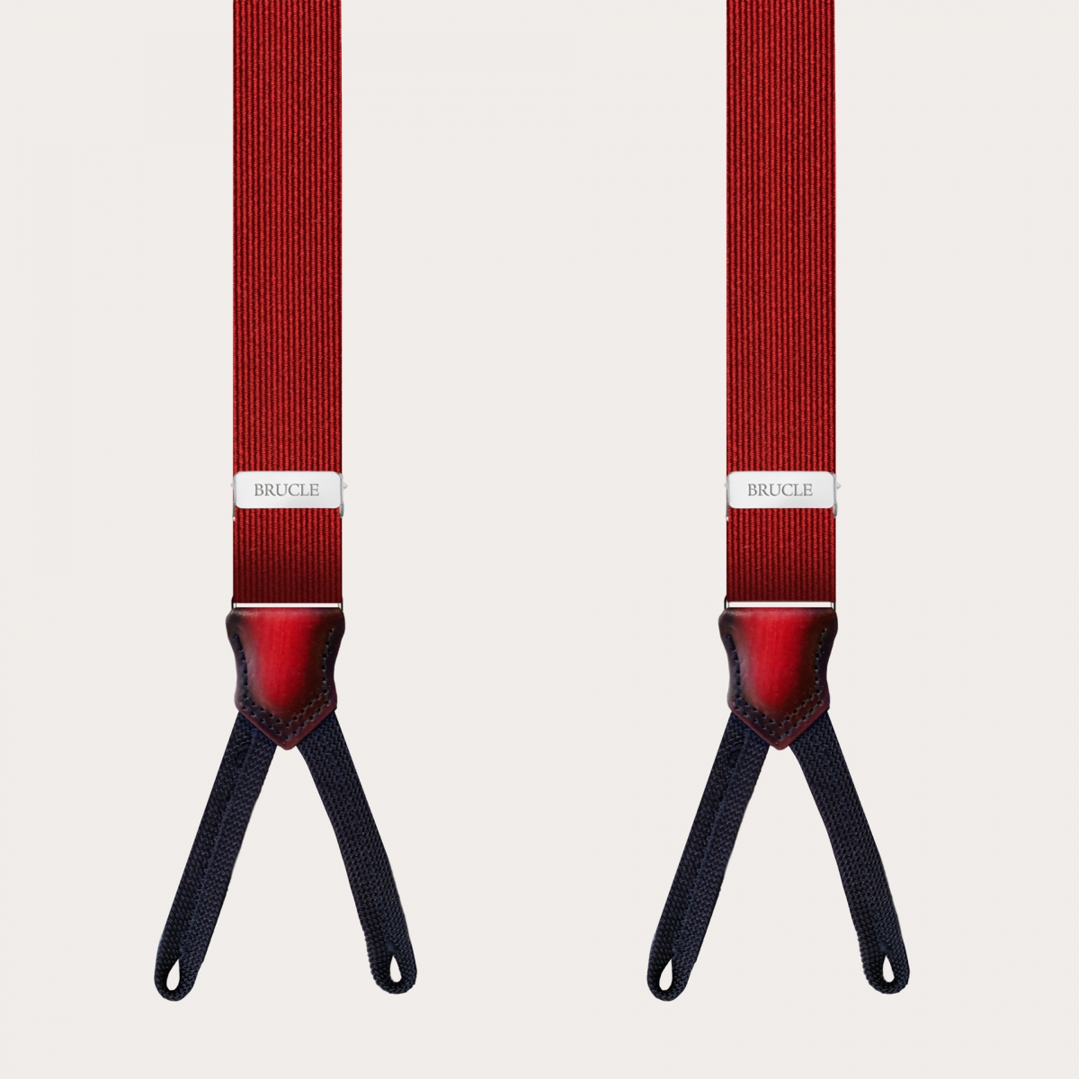 BRUCLE Hosenträger mit Knopflöchern aus bordeauxroter Seide mit Teilen aus handgefärbtem Leder