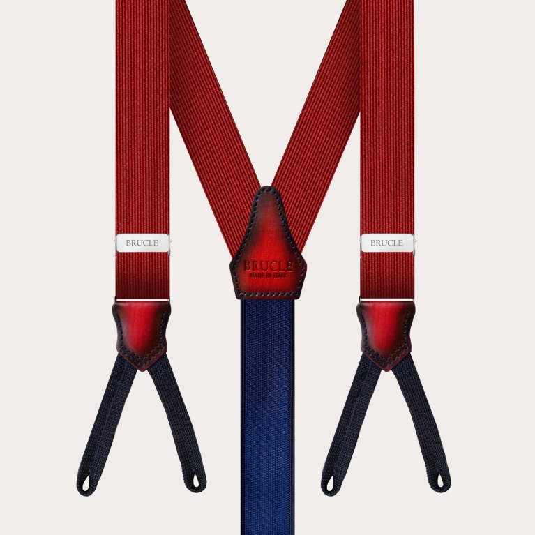 Suspenders with buttonholes in burgundy silk with parts in hand-shaded leather