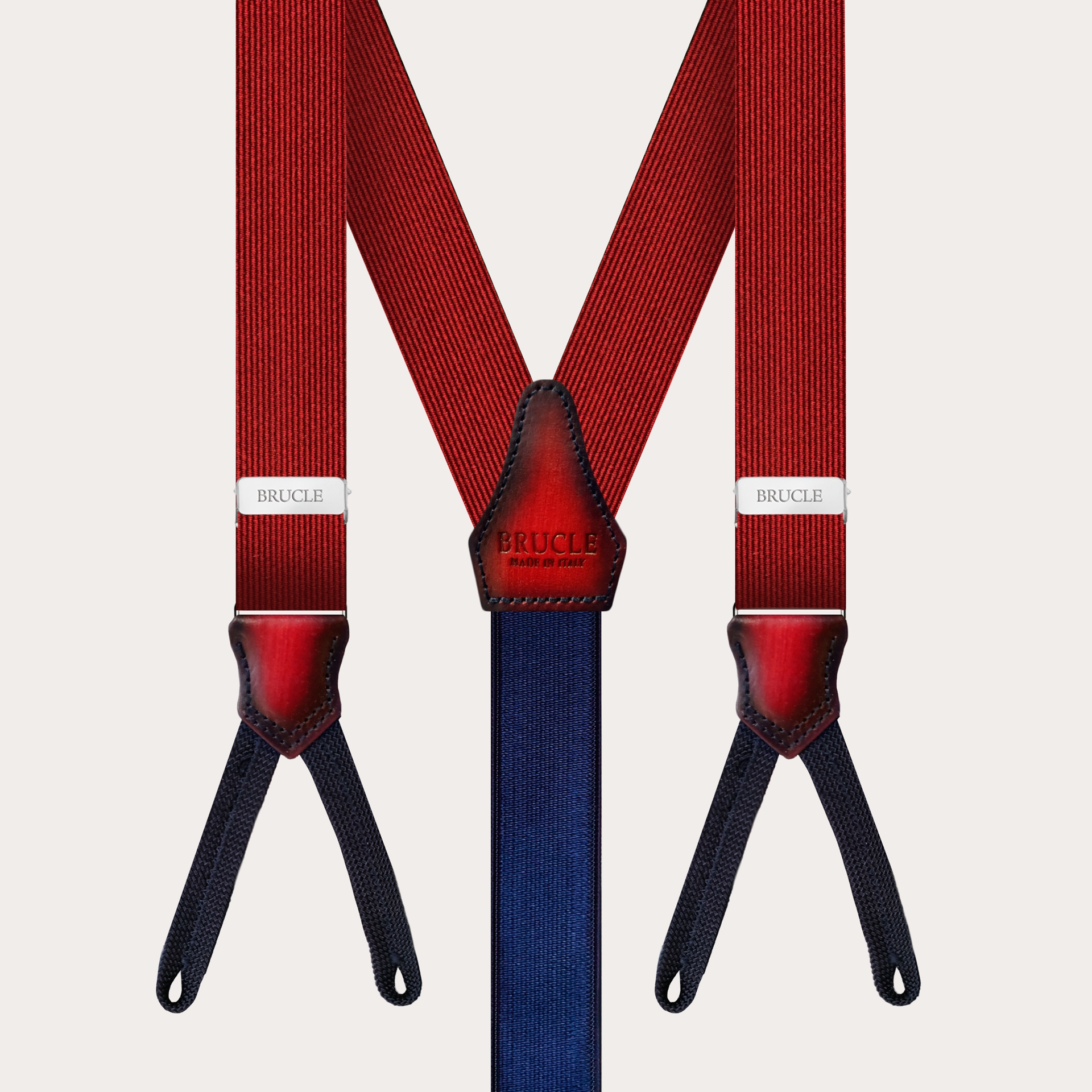 BRUCLE Bretelles à boutonnières en soie bordeaux avec parties en cuir teinté à la main