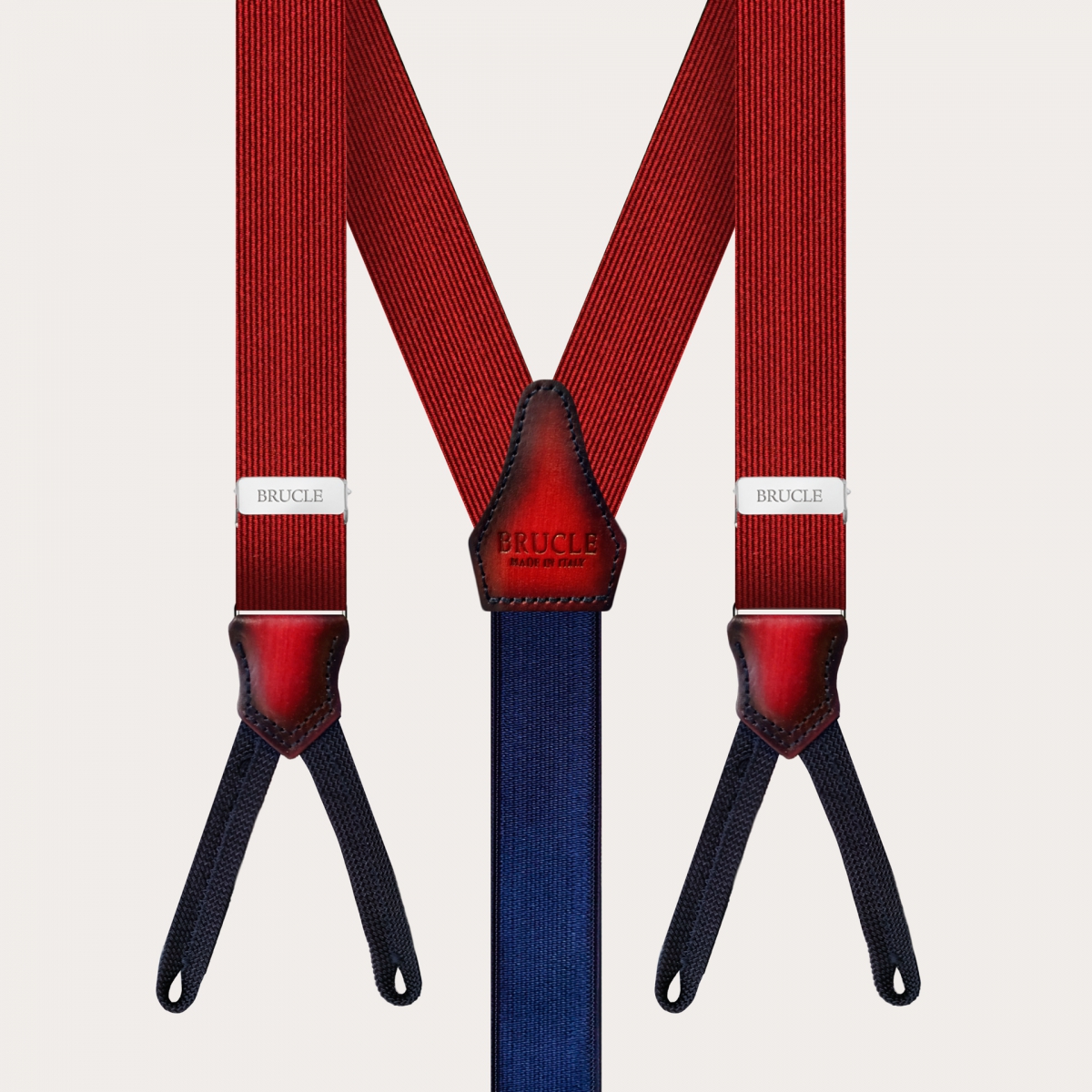 BRUCLE Tirantes con ojales en seda burdeos con partes en piel degradada a mano