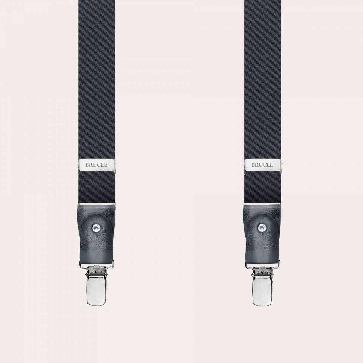 BRUCLE Schmale graue Seiden Hosenträger mit Handgefärbten Lederteilen