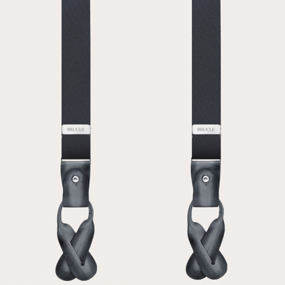 BRUCLE Narrow gray silk suspenders with hand-shaded leather parts
