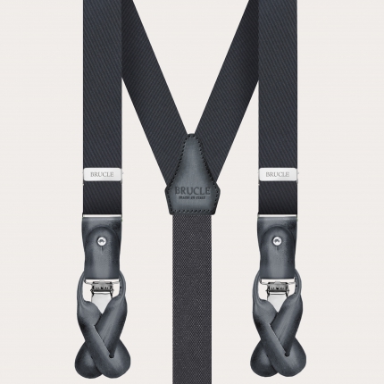Narrow gray silk suspenders with hand-shaded leather parts