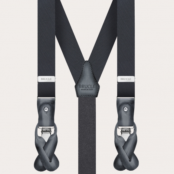 BRUCLE Narrow gray silk suspenders with hand-shaded leather parts