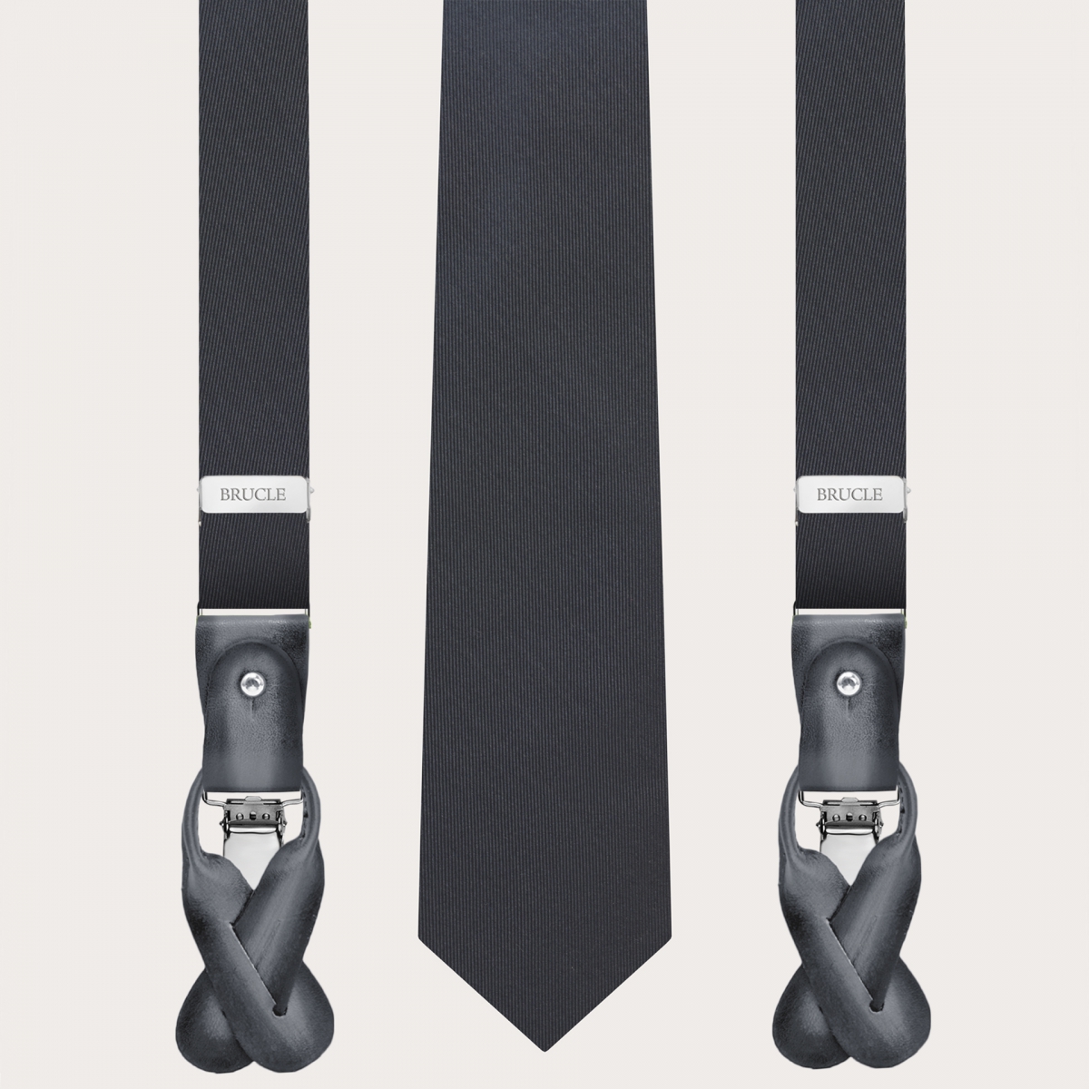 BRUCLE Set di bretelle sottili in seta e cravatta abbinata, grigio antracite