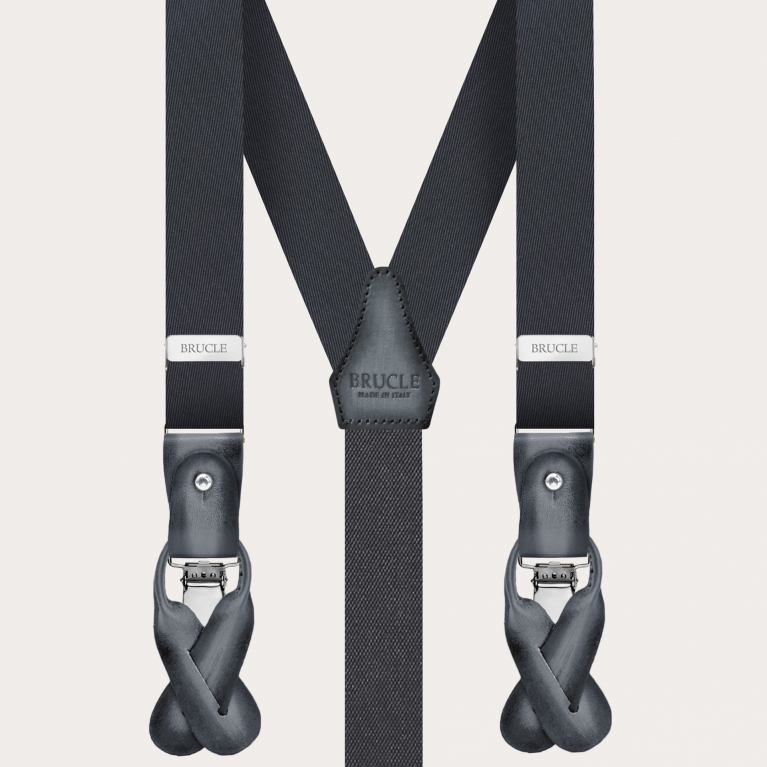 Set of thin silk suspenders and matching tie, anthracite grey