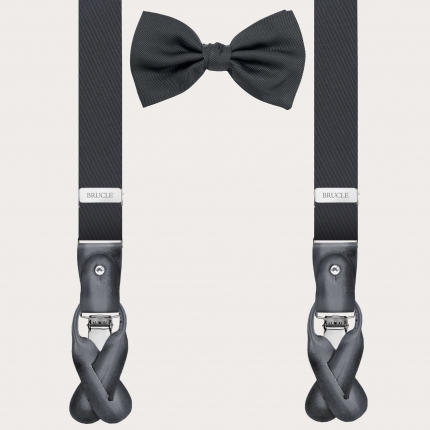 Coordinated set of suspenders and bow tie in silk, anthracite grey