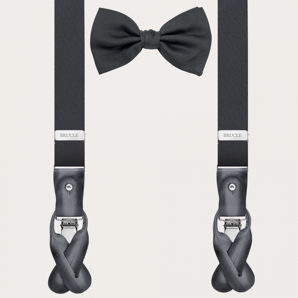 BRUCLE Coordinated set of suspenders and bow tie in silk, anthracite grey