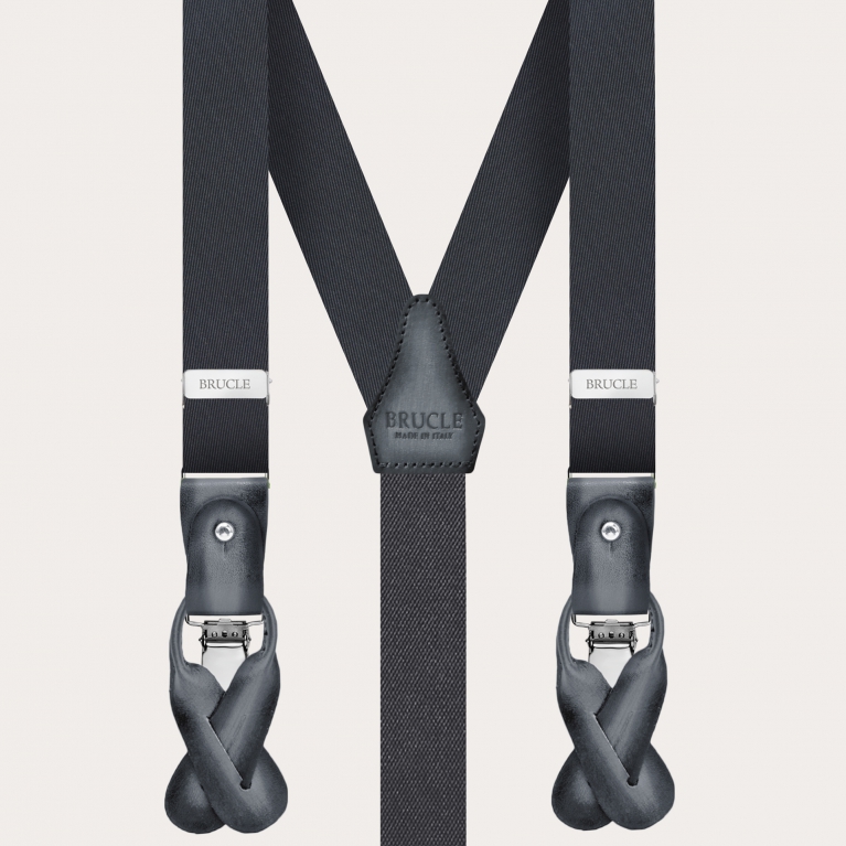 Coordinated set of suspenders and bow tie in silk, anthracite grey