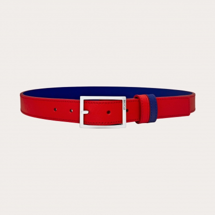 Reversible belt in red saffiano and blue royal leather