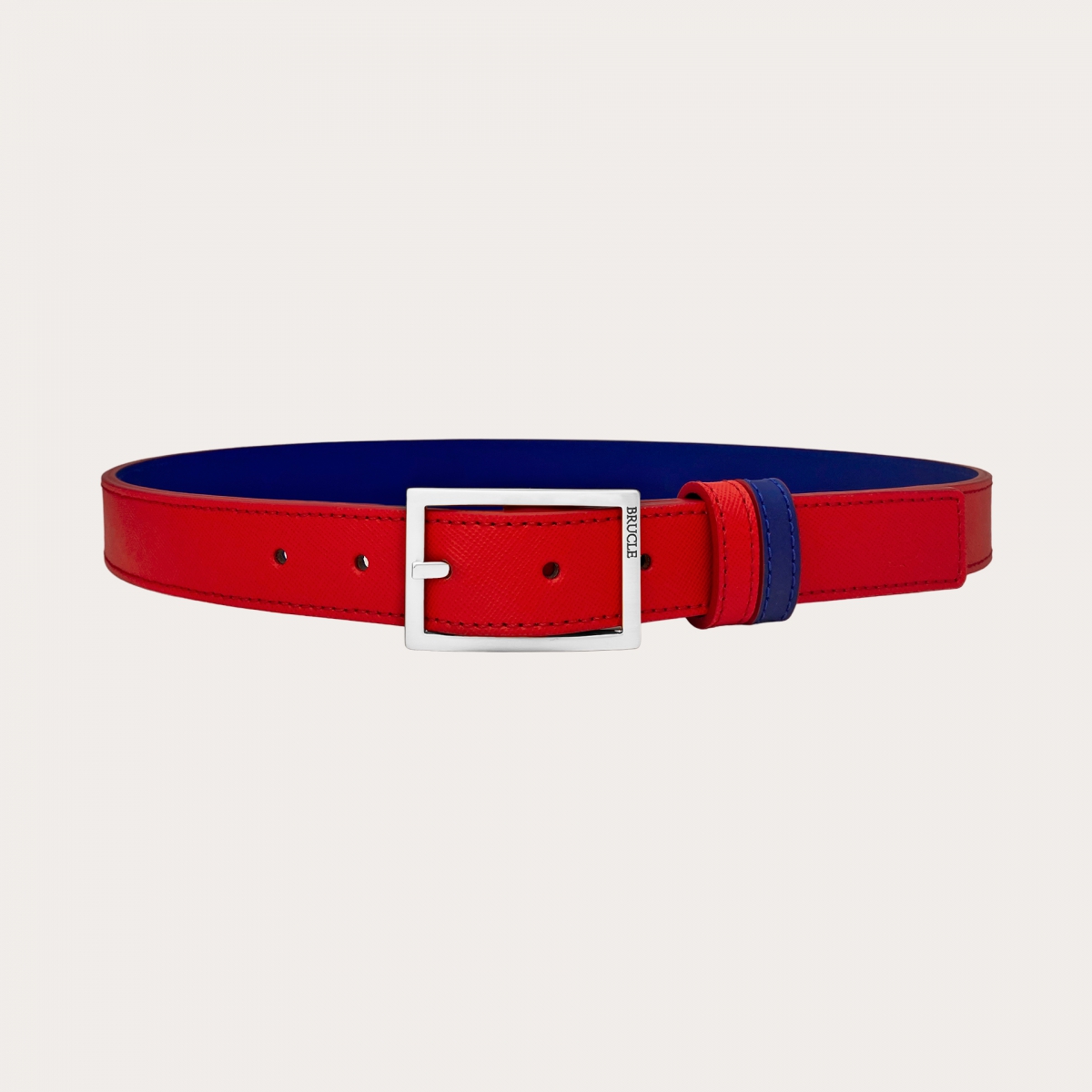 Cinturón reversible en Saffiano rojo y piel azul real