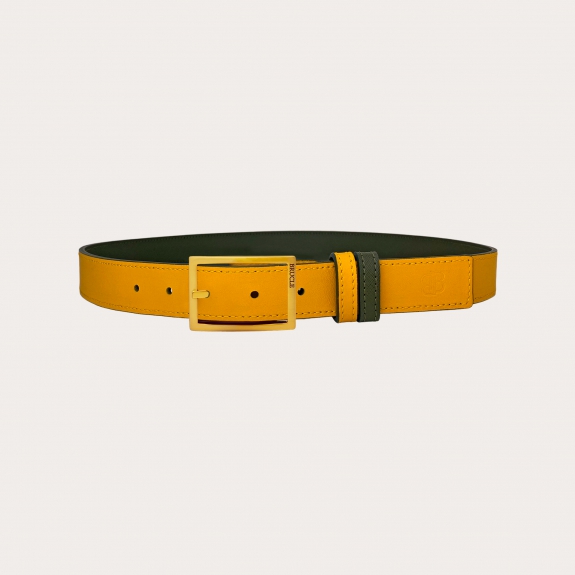 Ceinture réversible en saffiano vert militaire et cuir jaune, sans nickel