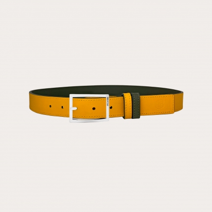 Cinturón reversible en Saffiano verde militar y piel amarillo