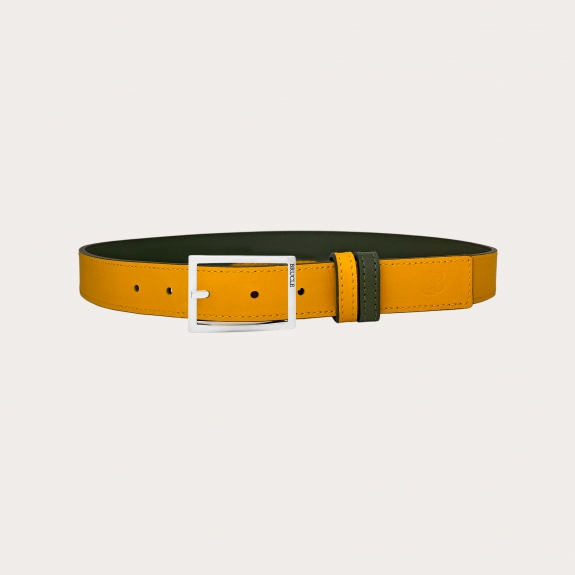Reversible belt in military green saffiano and yellow leather