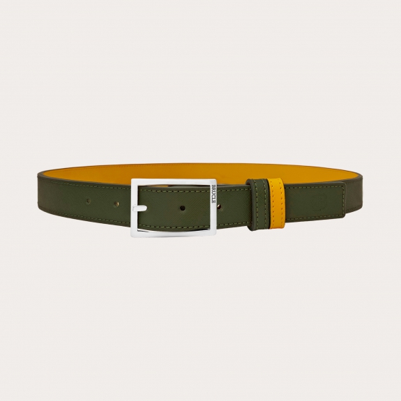 Cinturón reversible en Saffiano verde militar y piel amarillo
