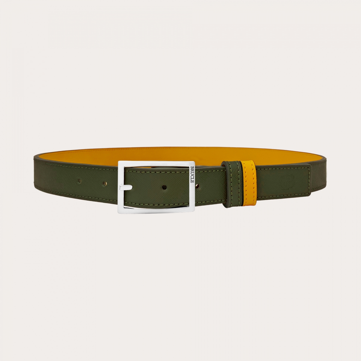 Ceinture réversible en saffiano vert militaire et cuir jaune, sans nickel