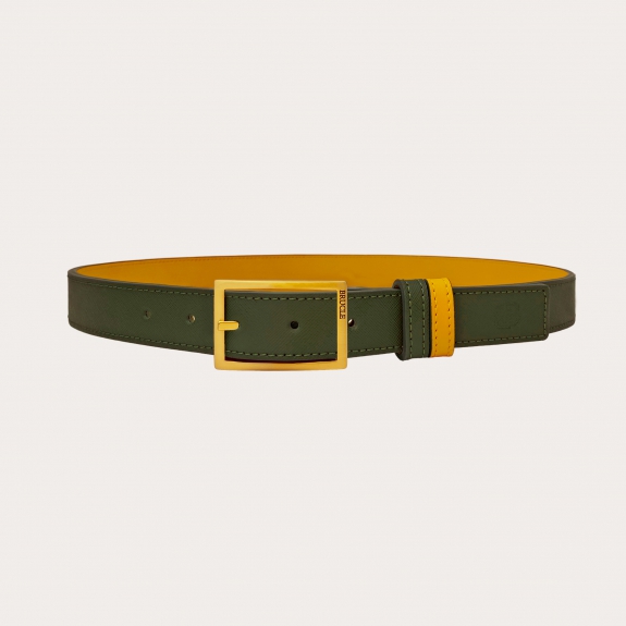 Reversible belt in military green saffiano and yellow leather
