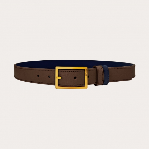 Ceinture réversible en saffiano brun foncé et cuir bleu, sans nickel