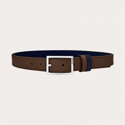 Cinturón reversible en Saffiano marron oscuro y piel azul