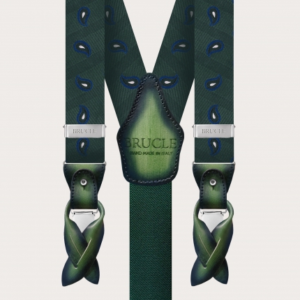 Elegant green suspenders with blue paisley pattern in silk
