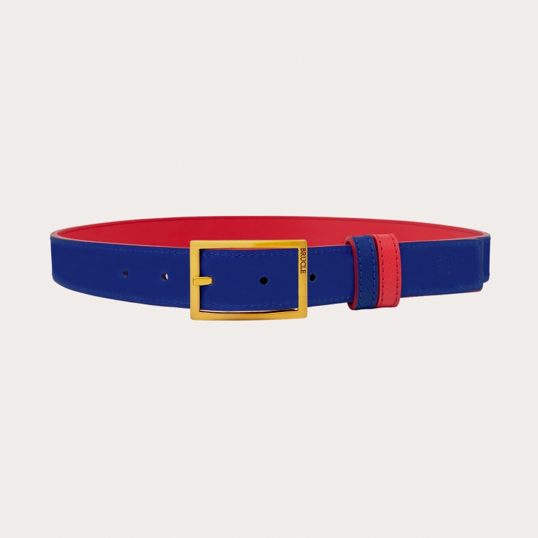 Reversible belt in red saffiano and blue royal leather