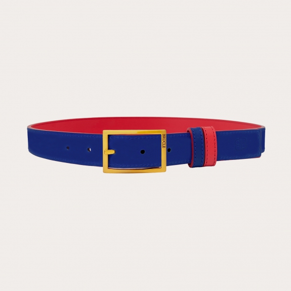 Ceinture réversible en saffiano rouge et cuir bleu royal, sans nickel