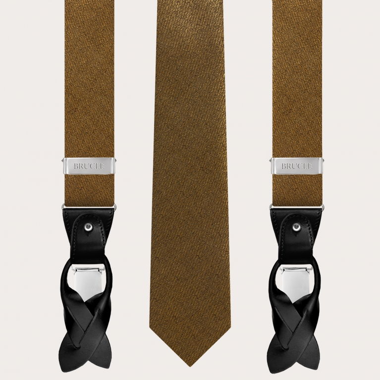 Elegant iridescent gold jacquard silk suspenders and necktie set