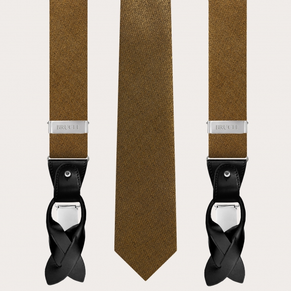 BRUCLE Elegante set di bretelle e cravatta in seta jacquard oro iridescente