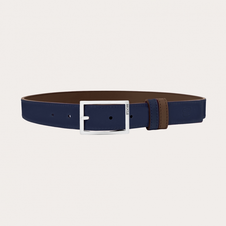 Ceinture réversible en saffiano brun foncé et cuir bleu, sans nickel