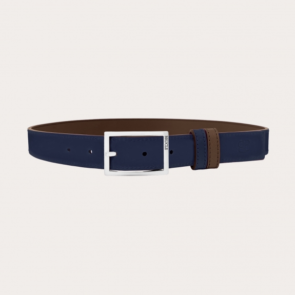 Ceinture réversible en saffiano brun foncé et cuir bleu, sans nickel